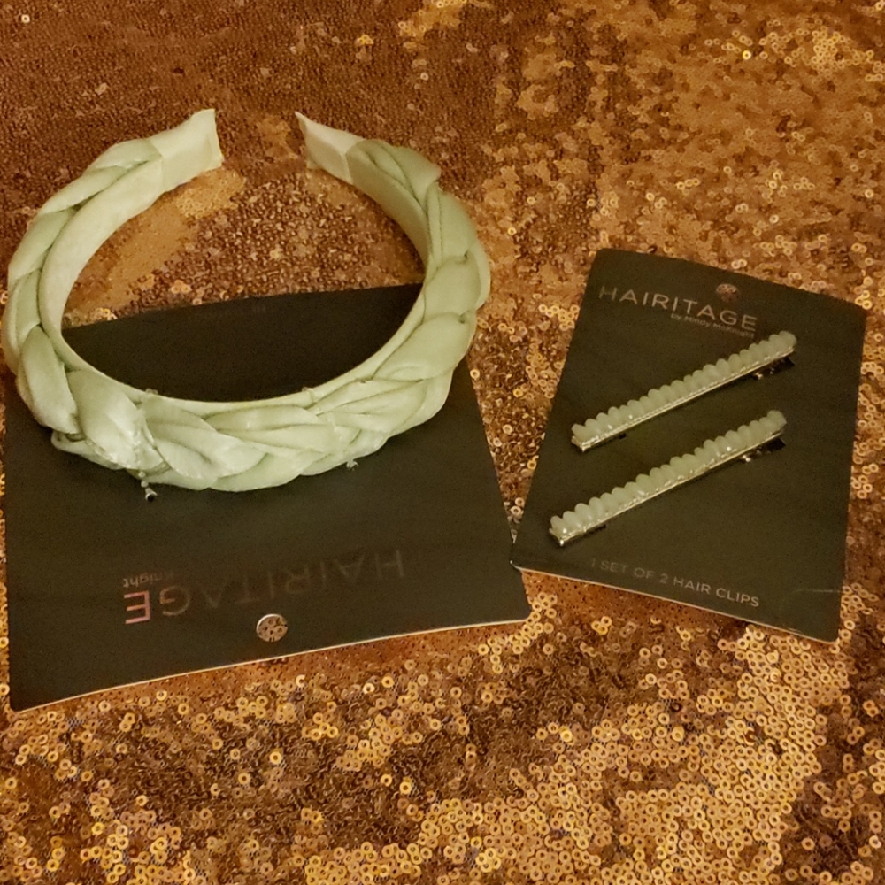 Matching lite green headband and clips. NWT